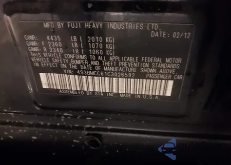 2012 Subaru Legacy 2.5I Premium from USA, damaged, VIN 4S3BMCC61C3026592